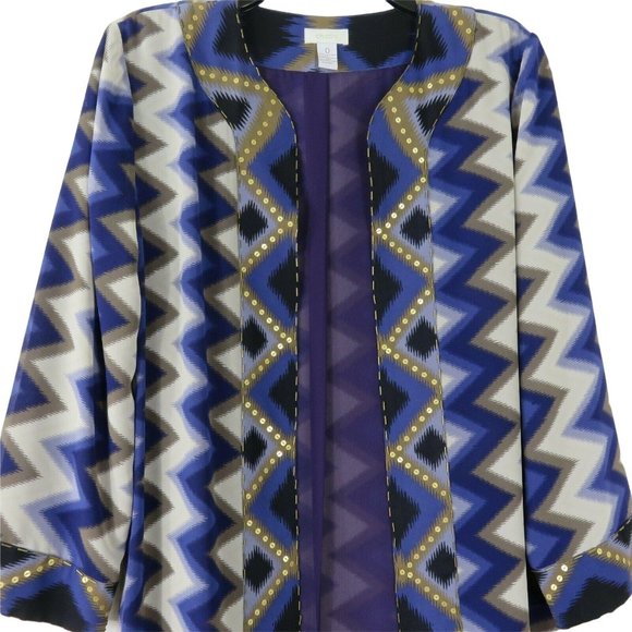 Chico's 0 Long Open Front Kimono Duster Coat Purple Gold Beaded Sequence Lined - Picture 1 of 12